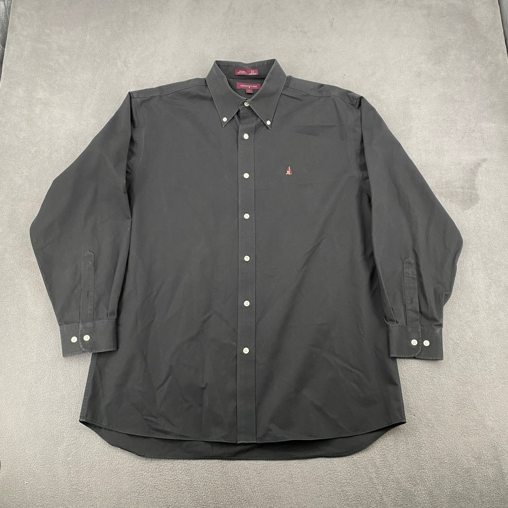 Nordstrom Smartcare Mens Large Black Button Down Shirt Sailboat Logo Cotton L